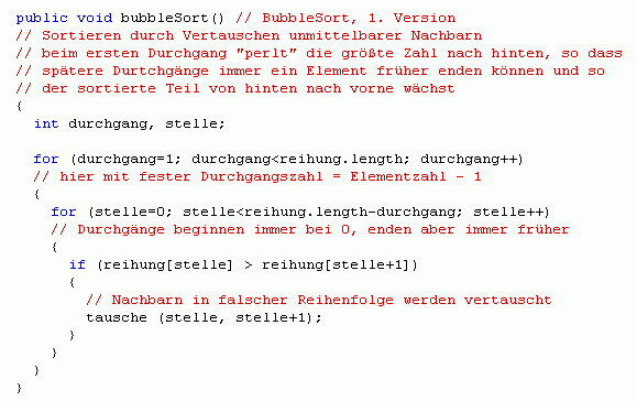 Java-Quelltext zu BubbleSort, erste Version