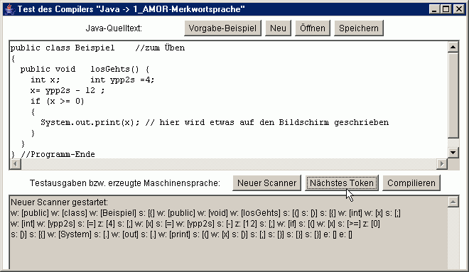 Testoberfläche mit dem Beispiel-Quelltext und der Ausgabe einzelner Token (=Sinneinheiten)