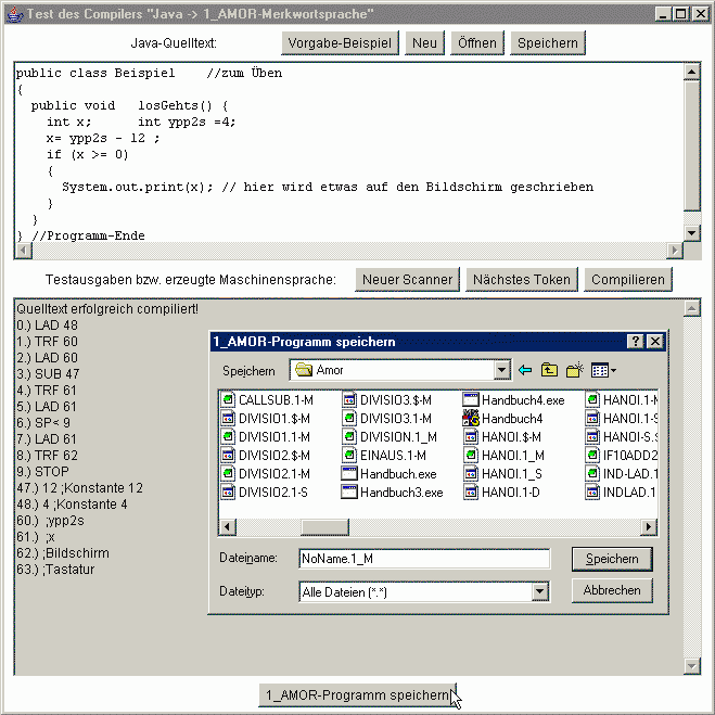 Test des Compilers: Beispielquelltext mit erzeugtem 1_AMOR-Zieltext
