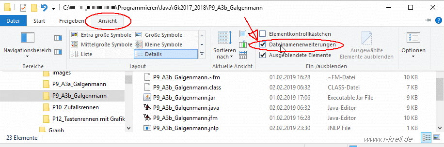 Bildschirmabdruck Windows-Explorer > Ansicht > Dateinamenerweiterungen