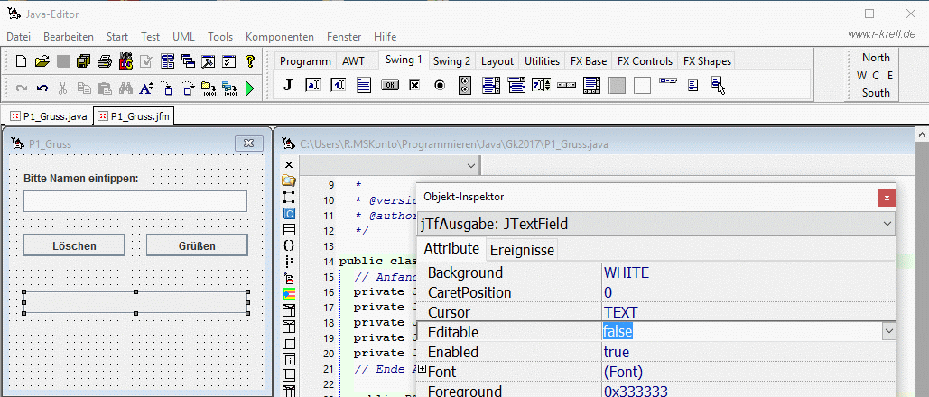 Ansicht Java-Editor mit Objekt-Inspektor