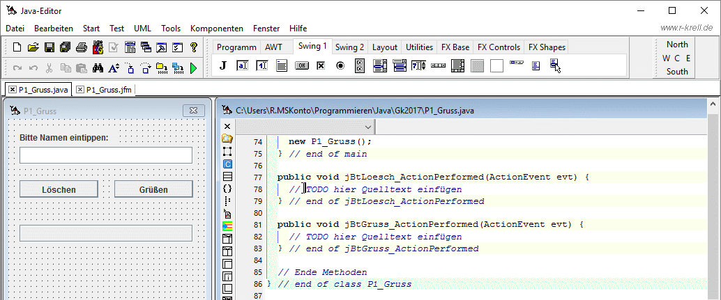 Ansicht Java-Editor mit TODO-Stellen für Knopf-Methoden