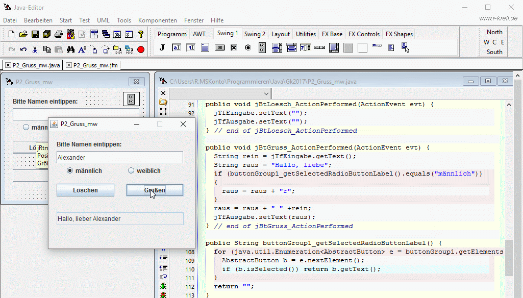 Ansicht Java-Editor mit Quelltext(-Ausschnitt) und laufendem P2