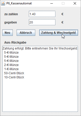 Oberfläche des Programms P6 mit Beispiel-Ein- und -Ausgabe