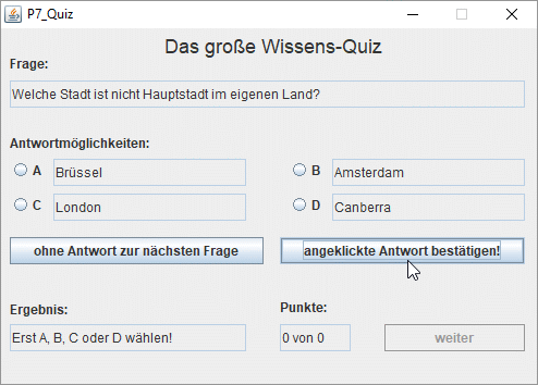 Oberfläche des Programms P7 bei fehlender Antwort