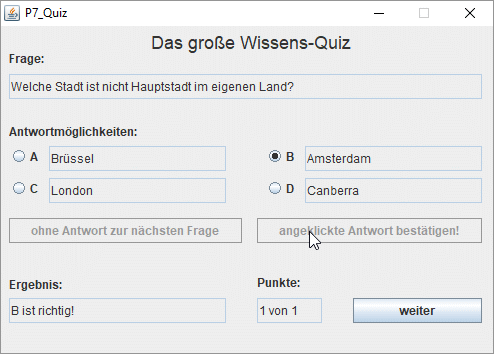 Oberfläche des Programms P7 nach richtiger Antwort