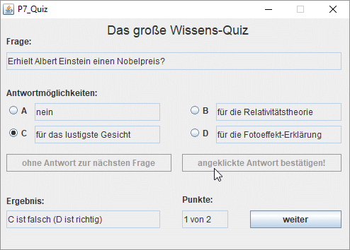 Oberfläche des Programms P7 nach falscher Antwort