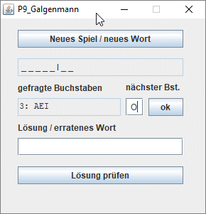 Oberfläche des Programms P9 nach drei gefragten Buchstaben