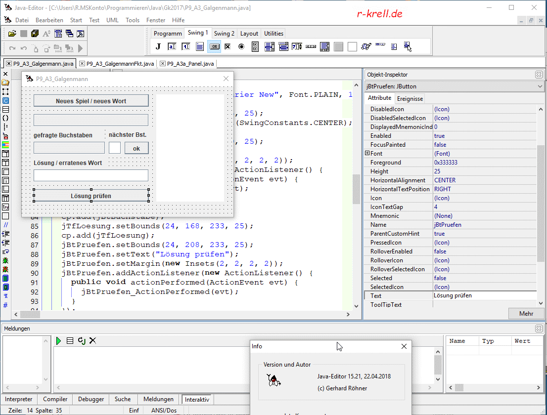 Bildschirmfoto: Javaeditor mit GUI-Builder für Galgenmann-Programm