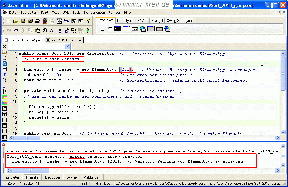 Bildschirmfoto: Java-Editor mit Fehlermeldung wegen generischer Reihung