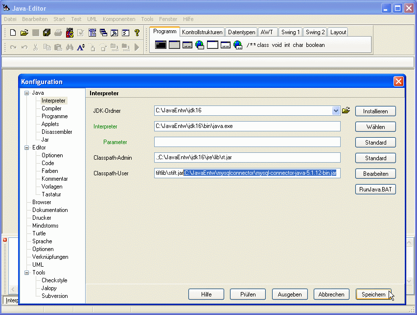 Bildschirmansicht Javaeditor Konfigurationsdialog für User-Classpath