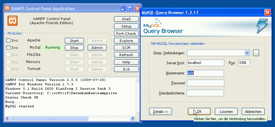 Bildschirmansicht: XAMPP-Control-Panel und Start des MySQL-Query-Browsers