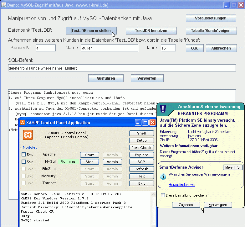 Bildschirmansicht Programmoberfläche mit XAMPP-Control-Panel und Firewall_Warnung