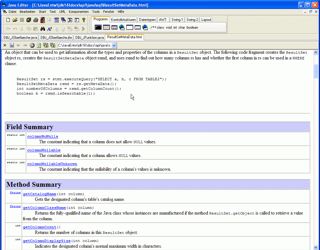 Bildschirmansicht Java-Dokumentation (API) im Javaeditor