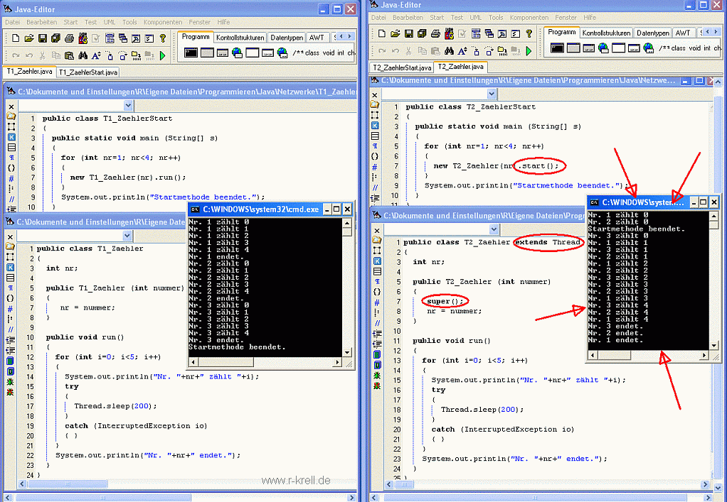 Thread-Demo (Quelltext und Ausgabe), 2 Versionen im Vergleich
