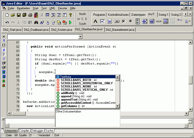 Beispielansicht Java-Editor (mit Code-Vervollständigung)