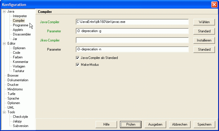 Einrichtung Java-Editor, Reiter "Compiler"