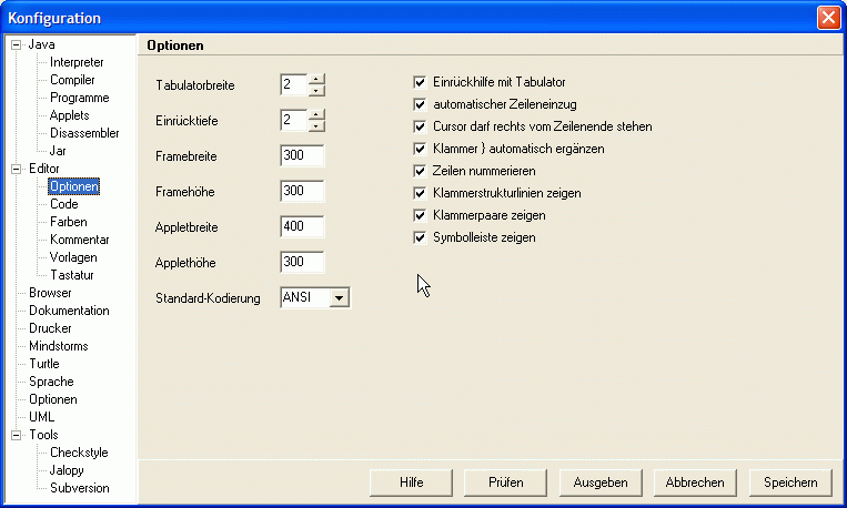 Einrichtung Java-Editor, Reiter "Editor"