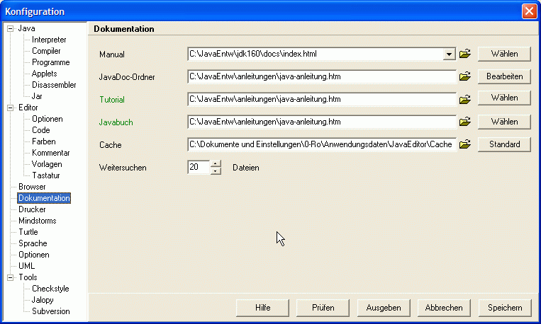 Einrichtung Java-Editor, Reiter "Dokumentation"