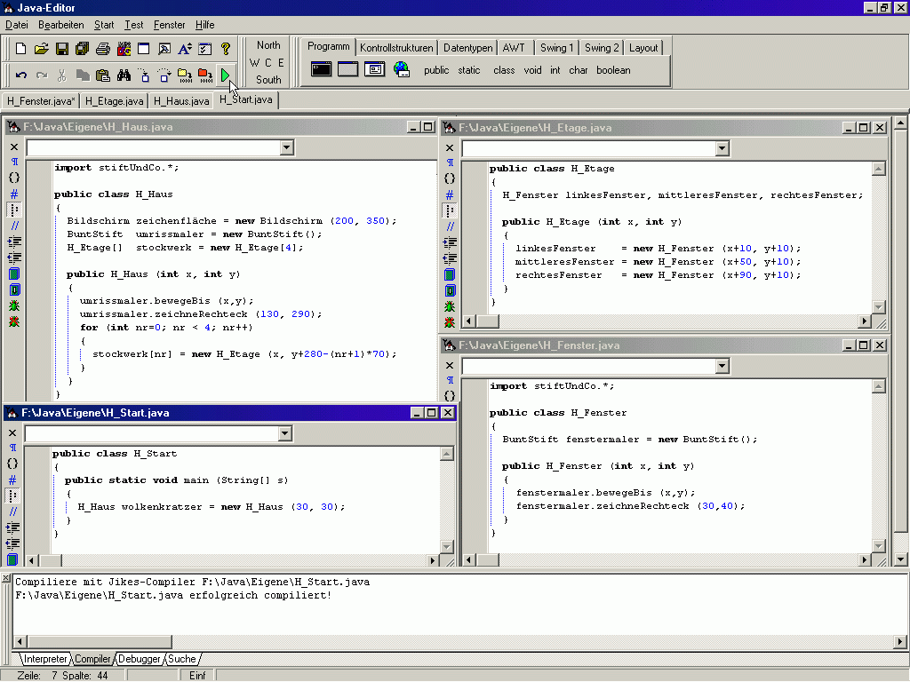 Hochaus-Progarmm: Java-Editor mit 4 Fenstern für den Programmtext
