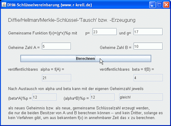 Bildschirmfoto: Programmoberfläche mit Beispielzahlen für DHM
