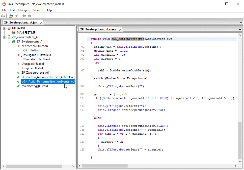 Bildschirmabruck Java-Decompiler JD-GUI mit ZP_Zweierpotenz_A.jar
