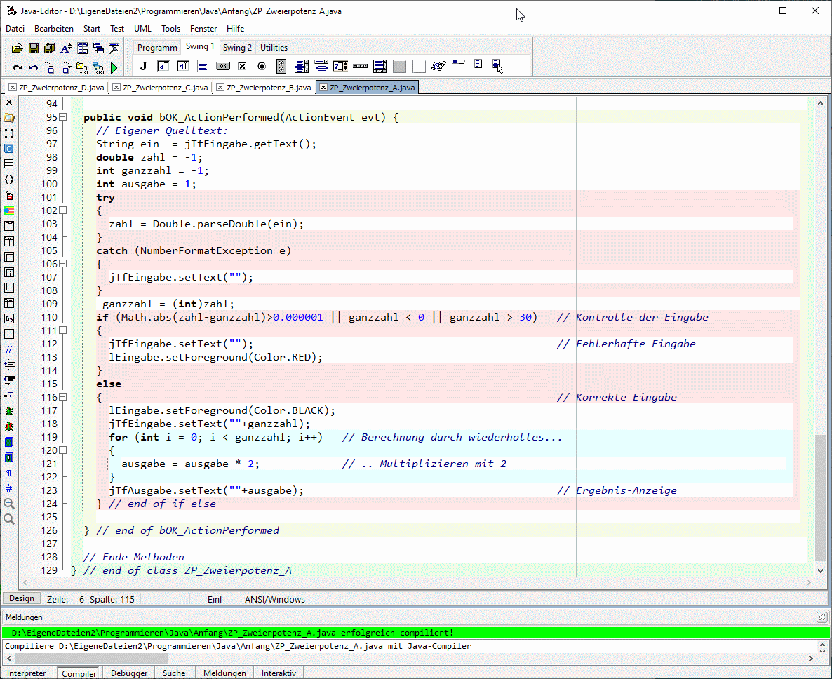 Bildschirmabdruck eigener Quelltext im Javaeditor