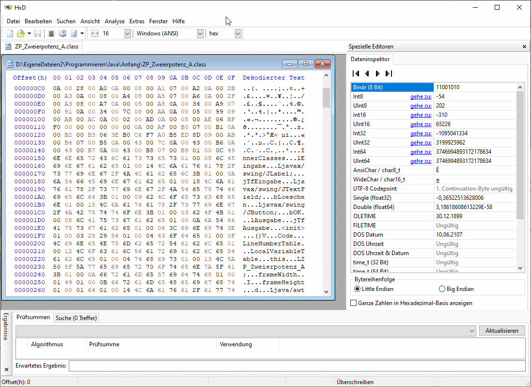 Bildschirmabdruck HexEditor bei Inspektion des Java-Bytecodes in einer .class-Datei 