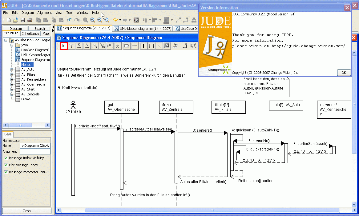 UML-Sequenzdiagramm für die Autovermietung, erzeugt mit JUDE