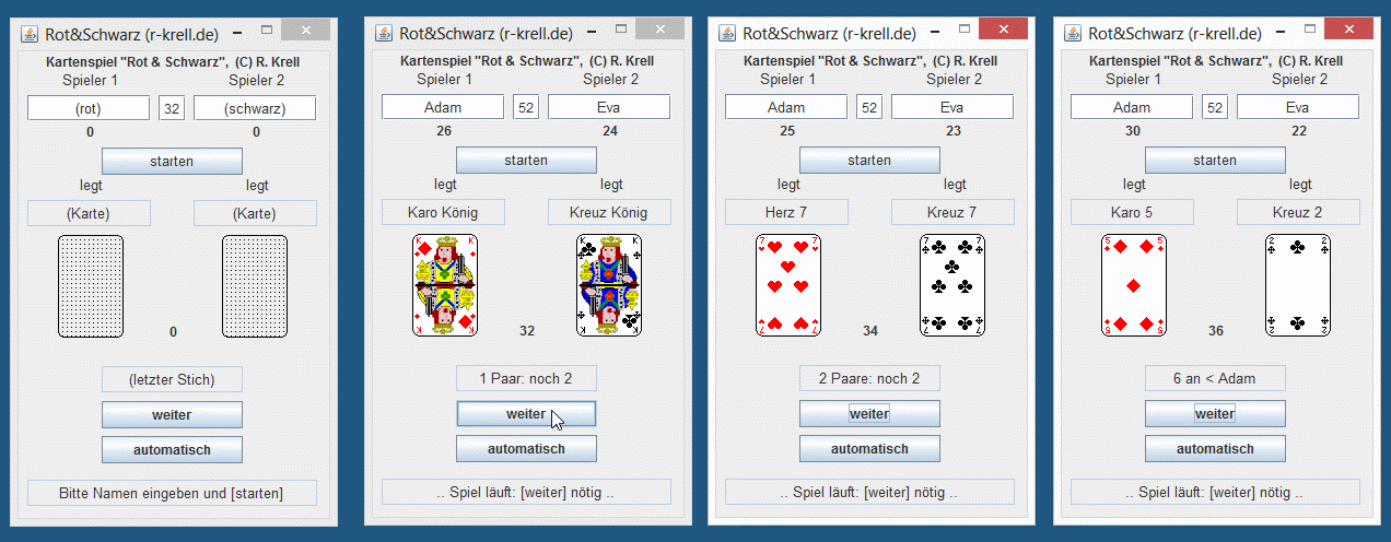 Vier Bildschirmabdrucke des laufenden Spiels "Rot & Schwarz"