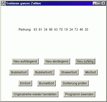 Bildschirmfoto: Sortieren in Java ohne Stift&Co mit grafischer Oberfl�che