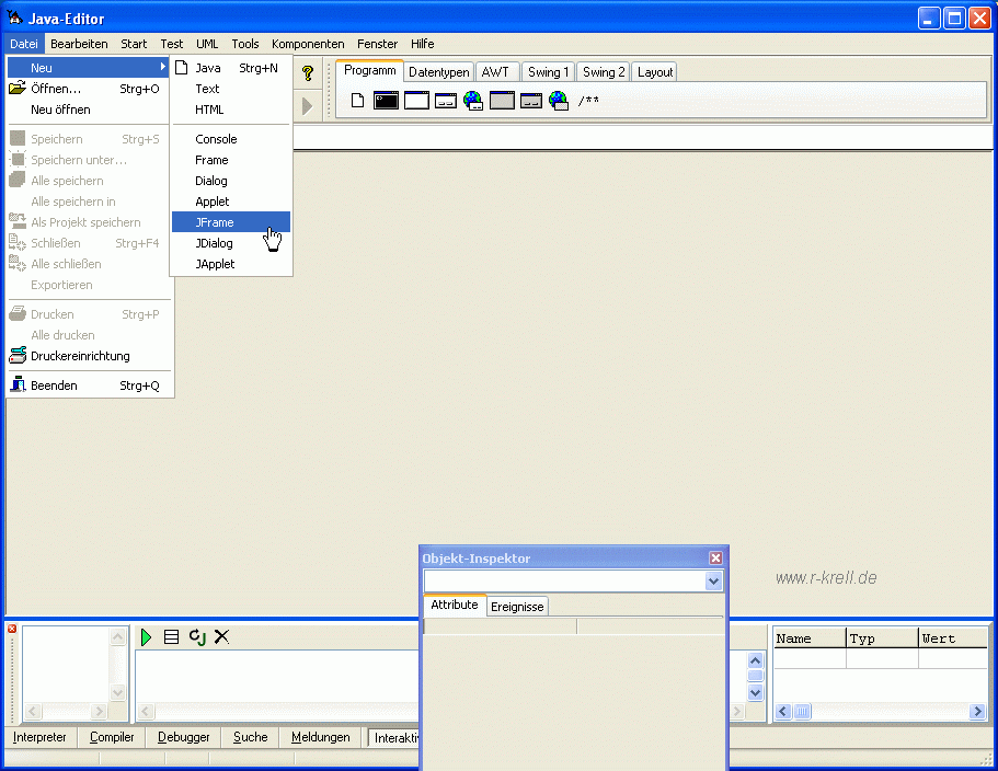 Bildschirmfoto Javaeditor Gui-Builder. Klick vergrößert in eigenem Fenster!