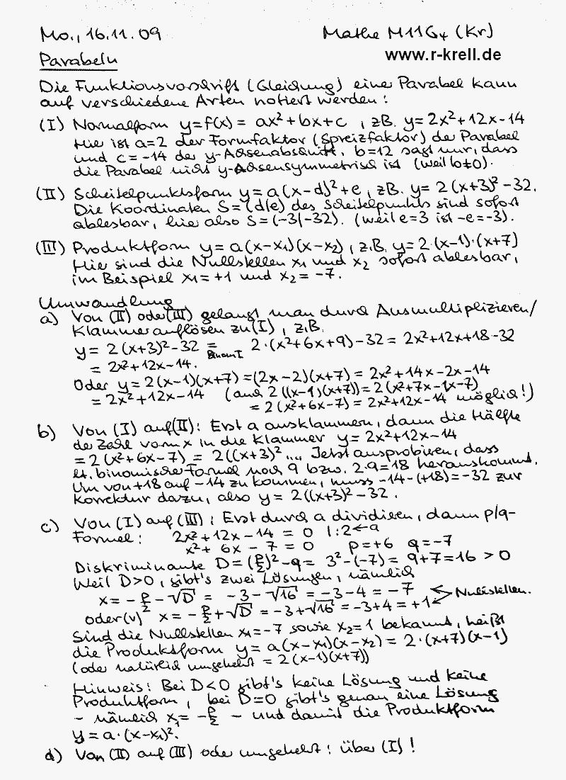 �bungsblatt & Zusammenfassung: Umformung versch. Parabelgleichungen (handschriftl.)