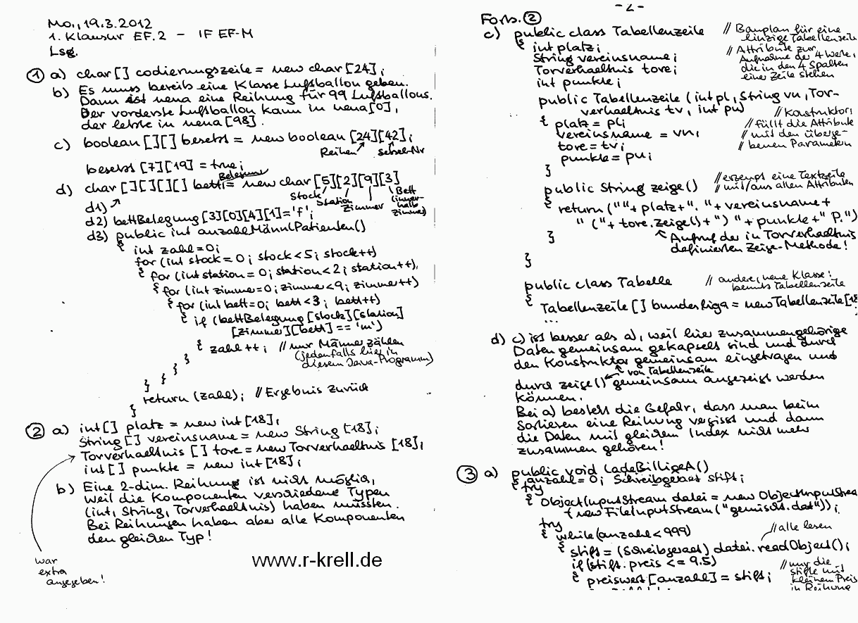 handschriftl. Klausurlösung, Seiten 1 und 2