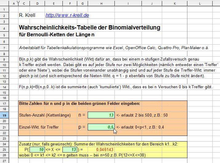 Bildschirmfoto von meiner "binomialtabelle.xls" mit passenden Werten für paranormalen Test