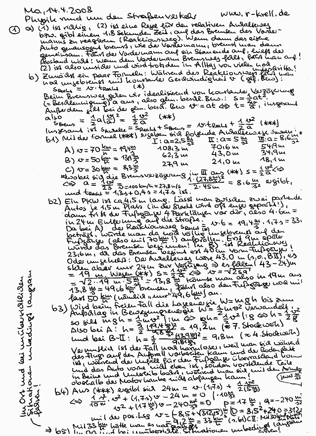 Physik im Straßenverkehr - handschriftl. Lösung, Seite 1