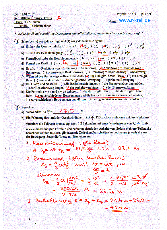 handschriftlich ausgefülltes Testblatt