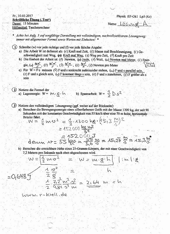 handschriftlich ausgefülltes Testblatt