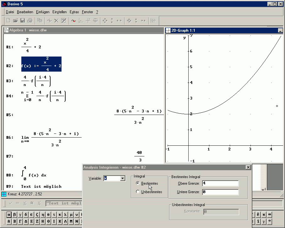 Derive-Bildschirmansicht mit Grafikfenster und Integralassistent