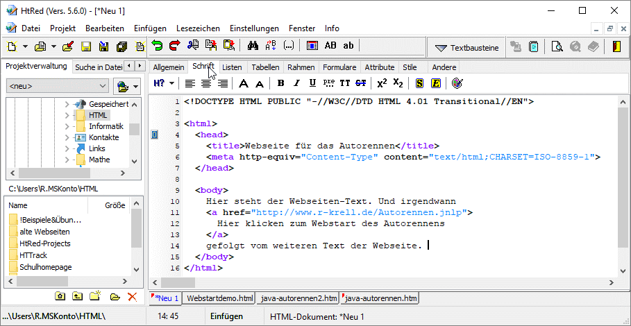 Foto des HTML-Editors von Rathlev mit HTML-Quelltext mit Webstart-Hyperlink