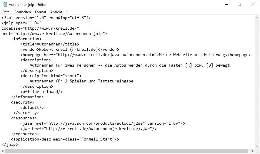 Windows-Editor ('notepad') mit jnlp-Datei