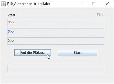Bildschirmfoto: Autorennen von zufällig bewegten Autos in Textzeilen, hier: vorm Start