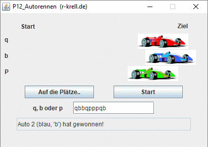 Bildschirmfoto: Autorennen von grafischen Autos mit Tastenantrieb beim Ziel