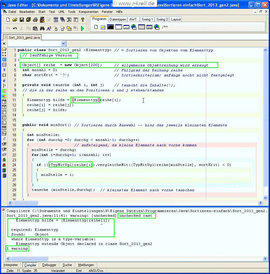 Bildschirmfoto: Java-Editor mit Fehlermeldung wegen generischer Reihung