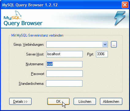 Bildschirmansicht MySQL-QueryBrowser Startfenster