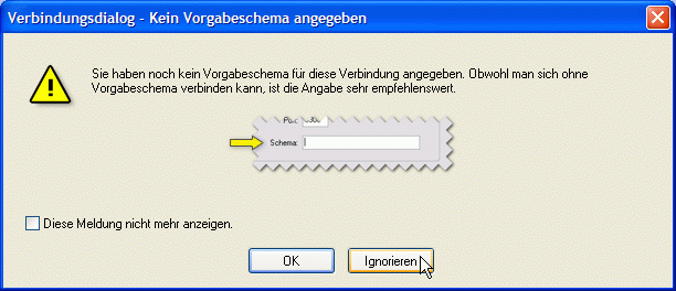 Bildschirmansicht MySQL-QueryBrowser Warnmeldung, die ignoriert werden muss