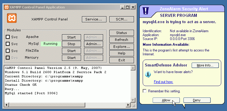 Bildschirmansicht XAMPP Control Panel nach Start und Firewall-Warnung