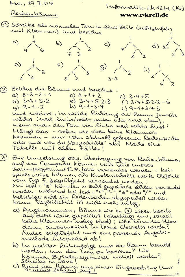 Aufgabenblatt mit einführenden Übungen für einfachen Rechenbaum