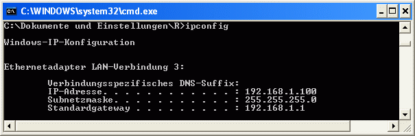 Bildschirmansicht: ipconfig für eigene IP-Adresse im LAN