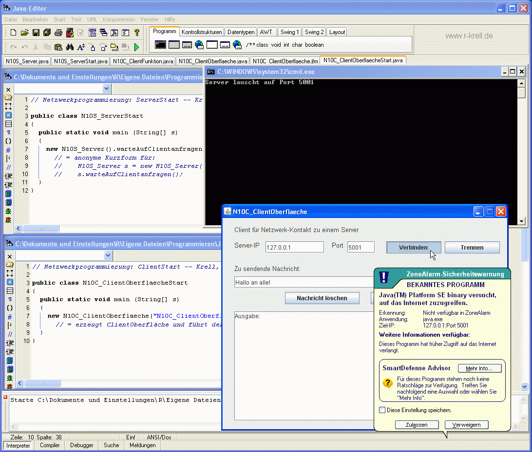 Bildschirmansicht: Javaeditor mit gestartetem Server und Client sowie Firewall-Warnung